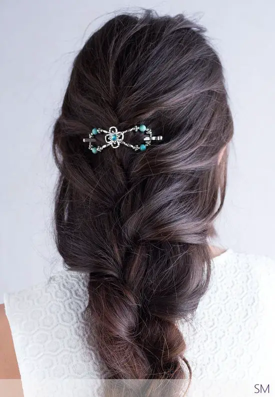 turquoise hair clip long loose braid