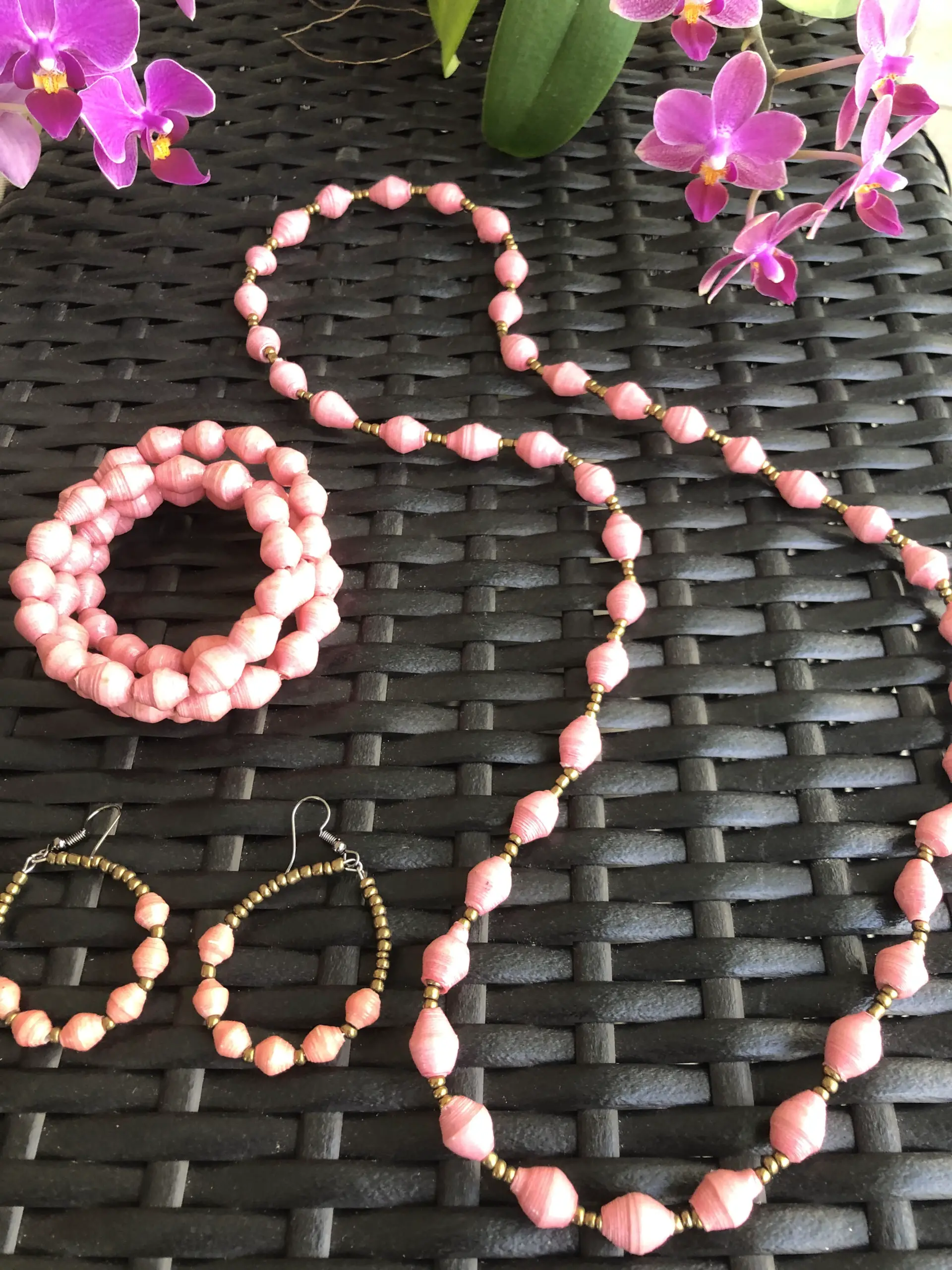 pink Ugandan jewelry bracelet necklace earrings
