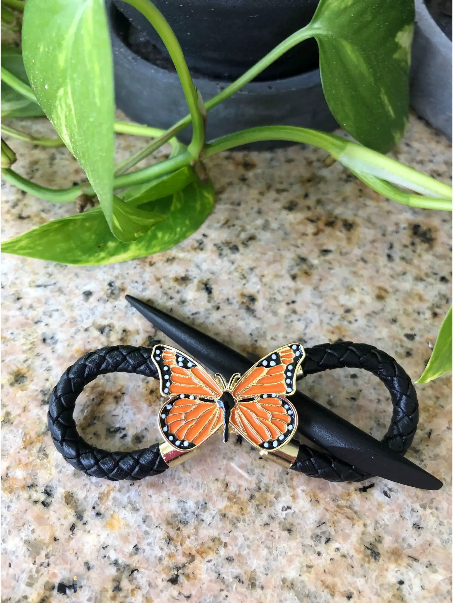 monarch butterfly braided leather barrette stick