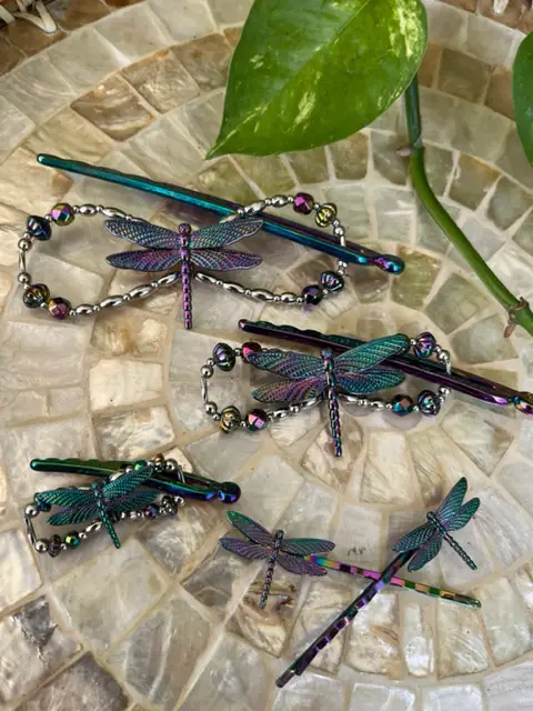 dragonfly blue metallic hair clips