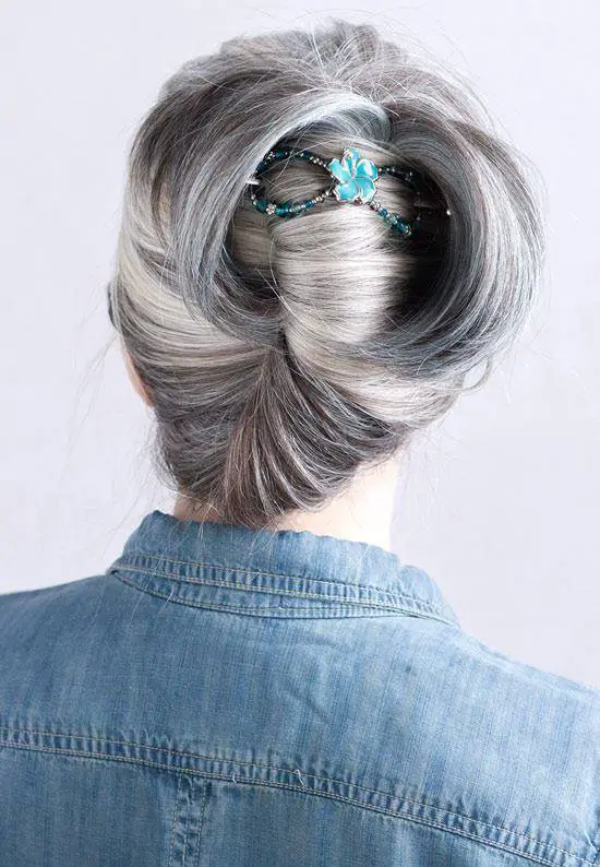 gray hair updo hibiscus hair clip