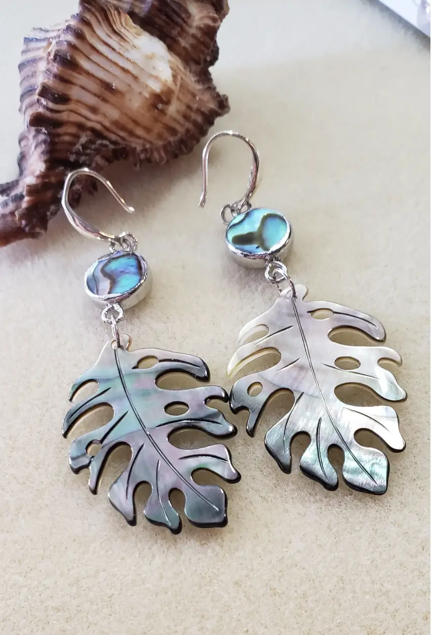 monstera abalone earrings