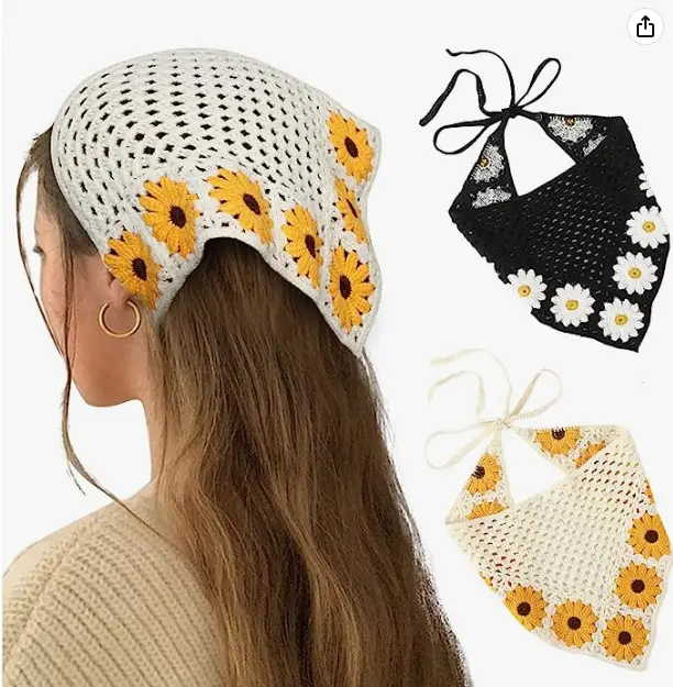 Floral Crochet Hair Bandanas Headscarf 2 PCS Women Hair Scarf Daisy Headband Vintage Head Kerchief for Girls