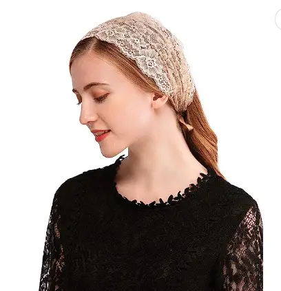  Rose Lace Headband Kerchief Tie-style Floral Headwrap Latin Mass Head Covering Church Veil with Bobby Pins  beige