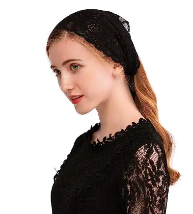 Rose Lace Headband Kerchief Tie-style Floral Headwrap Latin Mass Head Covering Church Veil with Bobby Pins (Black)