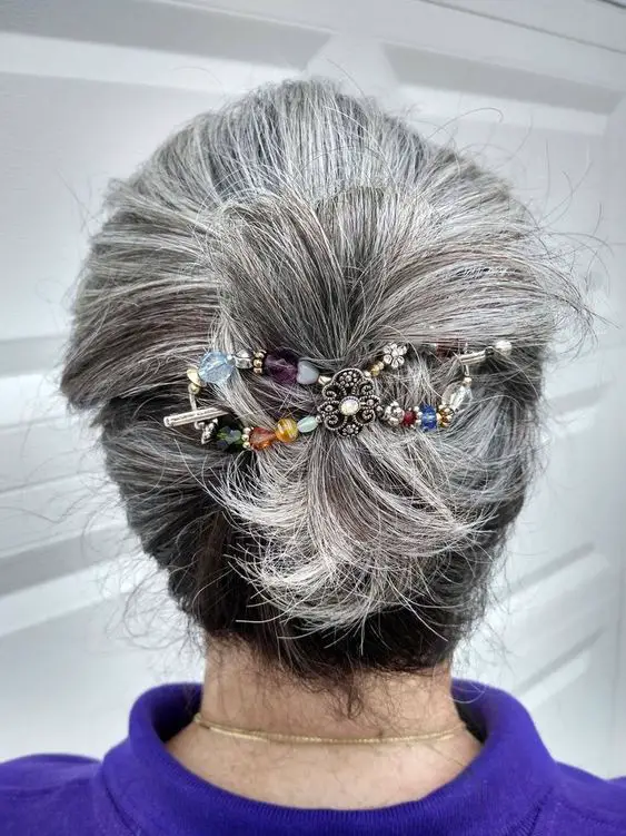 colorful hair clip gray hair updo