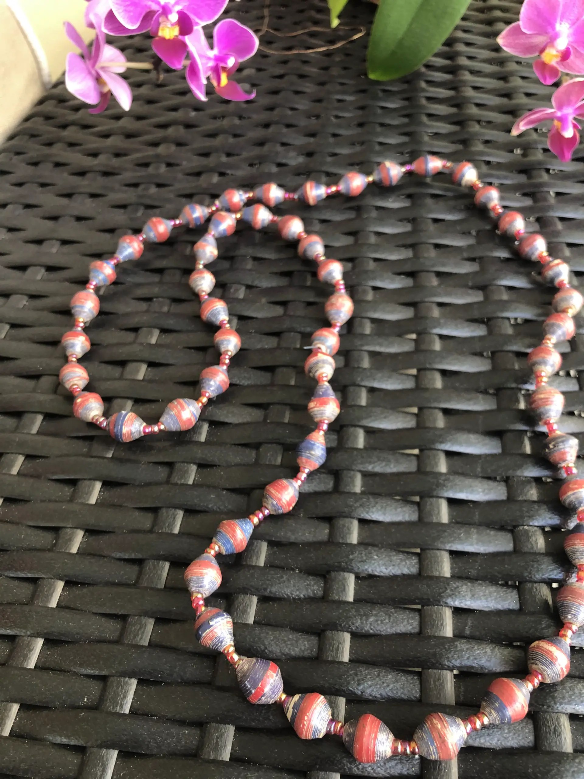 blue red paper bead necklace Uganda