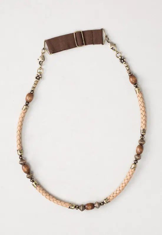 brown leather and wood bead headband