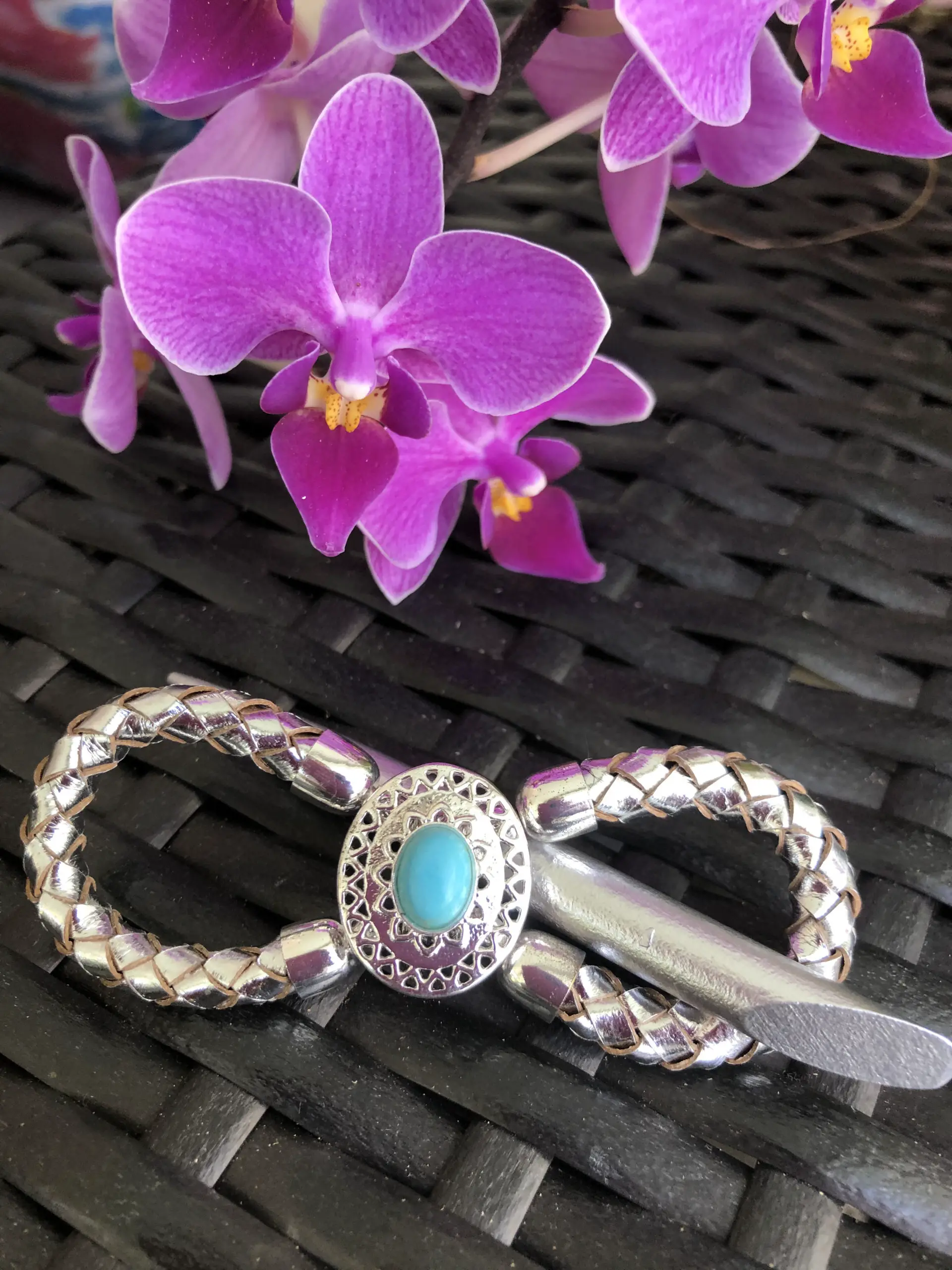 silver turquoise southwestern hair slide with stick