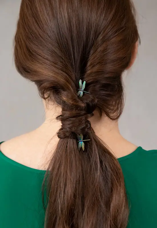 blue dragonfly bobby pins wrapped ponytail