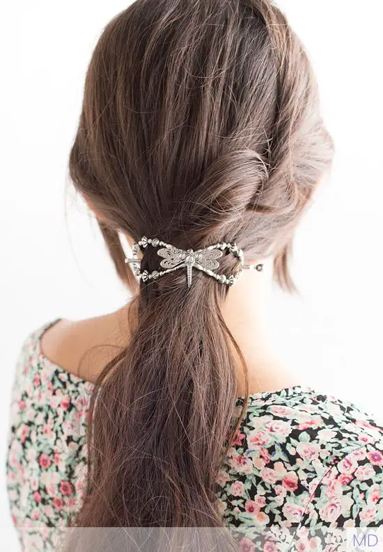 dragonfly hair clip wrapped ponytail