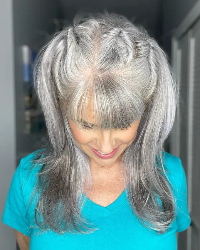 long gray hair topsy ponytails with bangs