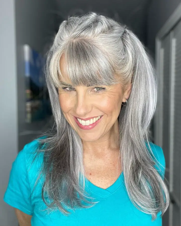 long gray hairstyle with bangs