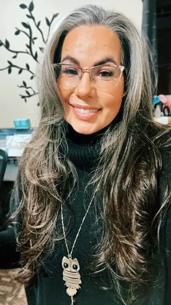 long gray hair rose gold glasses