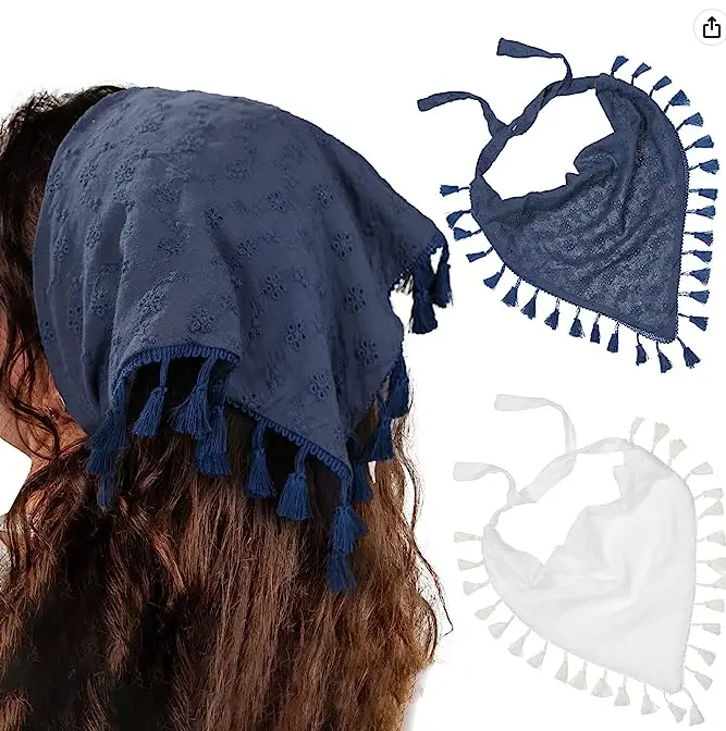 Floral Tassels Hair Scarf Headband - 2PCS Cotton Hair Bandana Scarf With Tassels Tie Back Head Kerchief Headband for Women and Girls (Navy Blue+White)