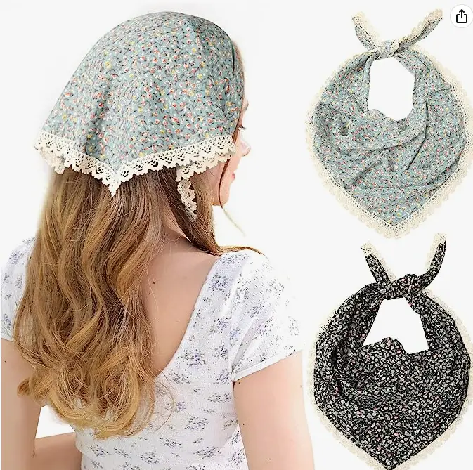 blue floral headcovering head scarf lace edging