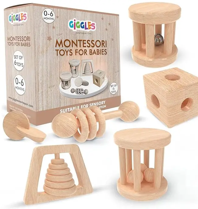 wooden montessori baby toys rattles